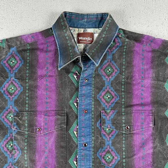Vintage Wrangler Shirt Men’s Large Aztec Western Snap Brushpopper Rodeo Cowboy - Picture 6 of 16